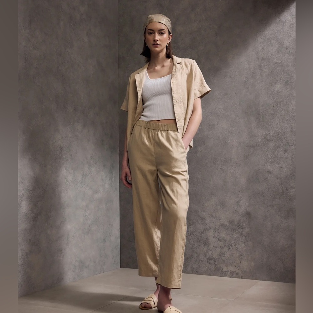 Quince 100% European Linen Short Sleeve Khaki Driftwood Tan Button Down Shirt XS - Picture 14 of 14